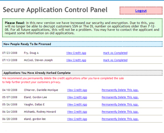Car Dealer Web Site Credit App Control Panel